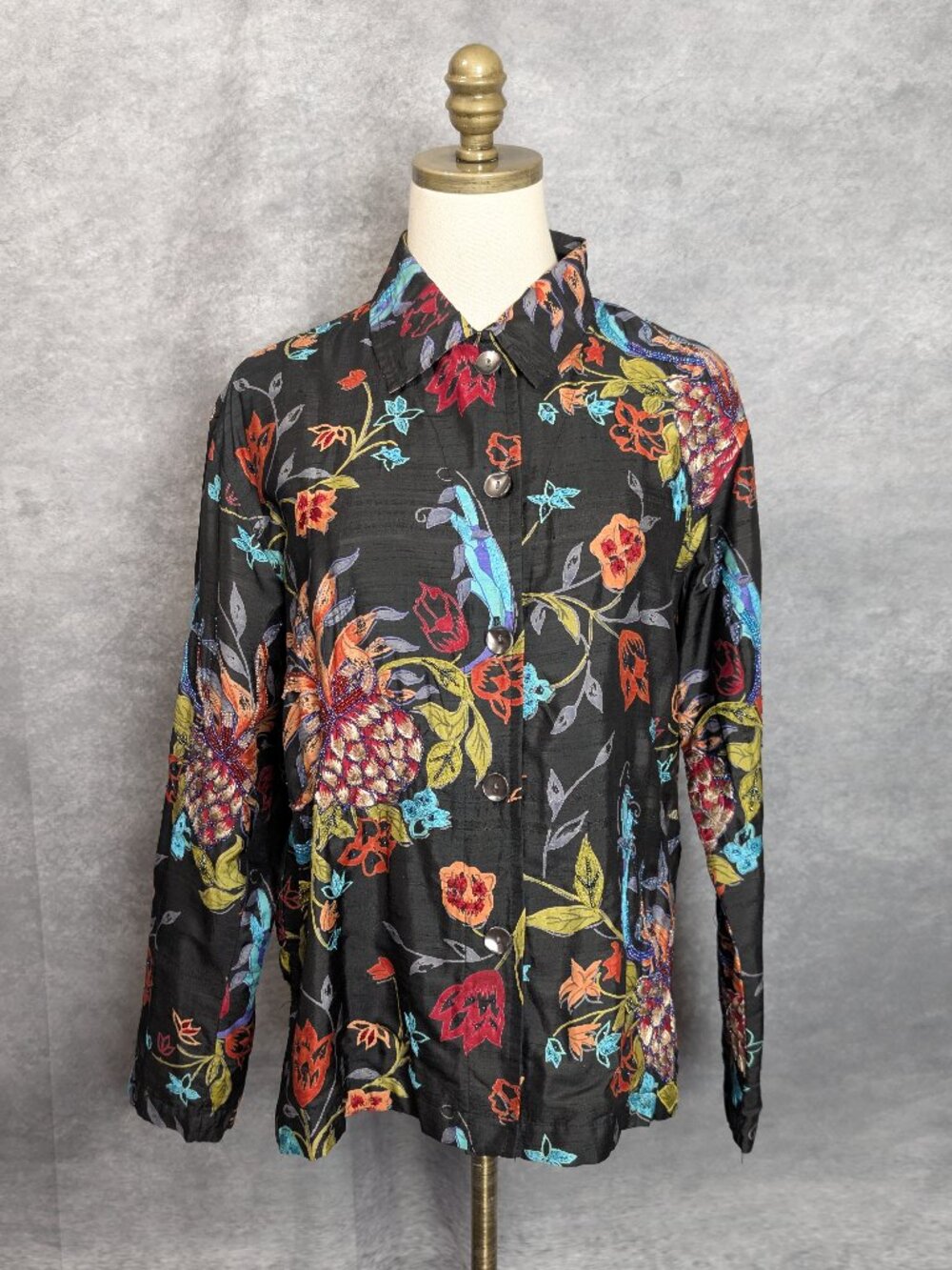 Chicos Design Silk Embroidered Beaded Tropical Pineapple Boho Shacket Top M 1